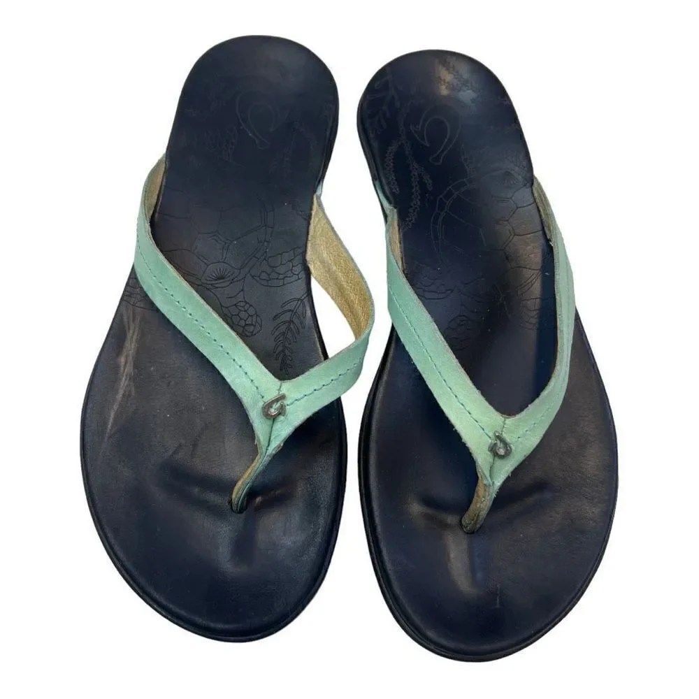 OluKai Womens Slip On Leather Flat Heel Flip Flop Sandals Black Blue Blue Sz 7 W